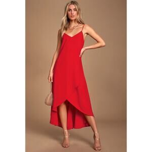 Lulu's Sweet Surprise Red High Low Maxi Dress V Neck Medium Asymmetric